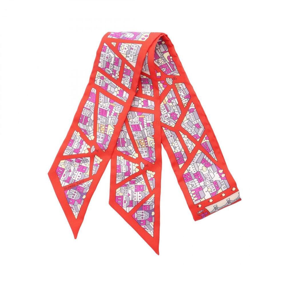 Hermes Twilly Rive Droite Gauche Ribbon Scarf Muffler Silk Women's Red Multic...